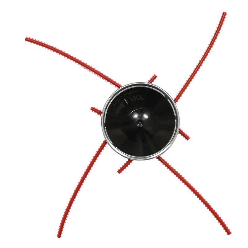 Cabezal de desbrozadora rápido con hilos rojos. Accesorio para jardinería y corte de maleza.
